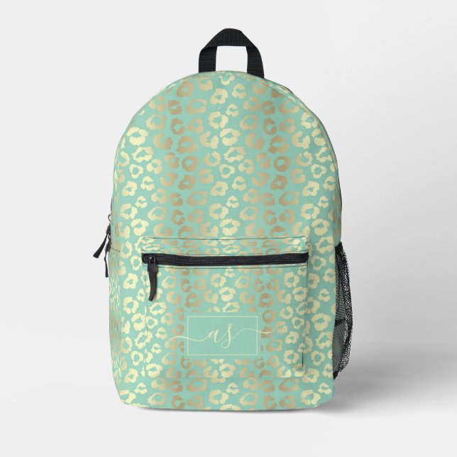 Chic Gold & Mint Green Leopard Print Monogrammed Printed Backpack (Front)
