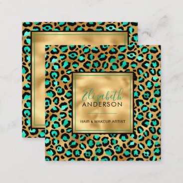 Chic Gold Mint Leopard Print Fashion Trendy Modern Square Business Card