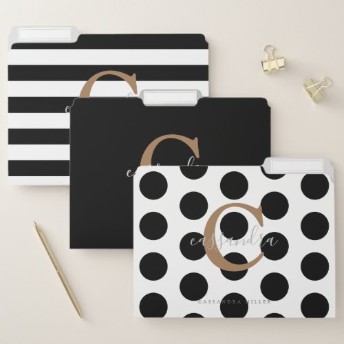 Chic Gold Monogram Black And White File Folder