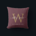 Chic Gold Monogram Burgundy Wedding Date Keepsake Throw Pillow<br><div class="desc">Elegant monogrammed wedding keepsake pillow with your names and wedding date in white handwritten chic script calligraphy and gold monogram in modern typography on a burgundy background. Simply add your names, monogram and wedding date. Great gift for a newlywed couple. Exclusively designed for you by Happy Dolphin Studio. If you...</div>