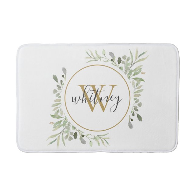 Chic Gold Monogram Elegant Script Greenery Bath Mat (Front)