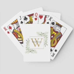 Chic Gold Monogram Greenery Personalized Poker Cards