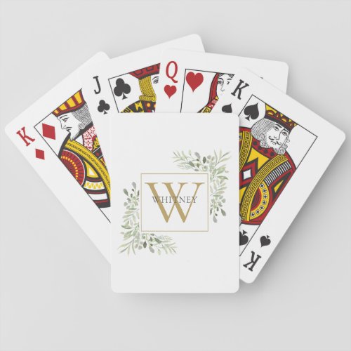 Chic Gold Monogram Greenery Personalized Poker Cards