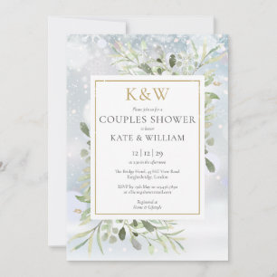 Chic Gold Monogram Greenery Winter Couples Shower Invitation