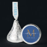 Chic Gold Monogram Names Wedding Date Blue Hershey®'s Kisses®<br><div class="desc">Chic, elegant Hershey kisses candy wedding favors with your names and year established in white elegant handwritten script calligraphy on a classic blue background with a gold monogram. Simply add your names, monogram and year established beneath. Stylish design and perfect luxury candy favor gift for the newlywed couple. If you...</div>