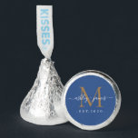 Chic Gold Monogram Names Wedding Date Blue Hershey®'s Kisses®<br><div class="desc">Chic, elegant Hershey kisses candy wedding favors with your names and year established in white elegant handwritten script calligraphy on a classic blue background with a gold monogram. Simply add your names, monogram and year established beneath. Stylish design and perfect luxury candy favor gift for the newlywed couple. If you...</div>