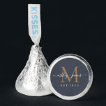 Chic Gold Monogram Names Wedding Date Dark Blue Hershey®'s Kisses®<br><div class="desc">Chic, elegant Hershey kisses candy wedding favors with your names and year established in white elegant handwritten script calligraphy on a charcoal dark blue background with a gold monogram. Simply add your names, monogram and year established beneath. Stylish design and perfect luxury candy favor gift for the newlywed couple. If...</div>