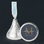 Chic Gold Monogram Names Wedding Date Dark Blue Hershey®'s Kisses®<br><div class="desc">Chic, elegant Hershey kisses candy wedding favors with your names and year established in white elegant handwritten script calligraphy on a charcoal dark blue background with a gold monogram. Simply add your names, monogram and year established beneath. Stylish design and perfect luxury candy favor gift for the newlywed couple. If...</div>