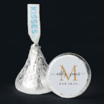 Chic Gold Monogram Names Wedding Date Pastel Blue Hershey®'s Kisses®<br><div class="desc">Chic, elegant Hershey kisses candy wedding favors with your names and year established in black elegant handwritten script calligraphy on a pastel blue background with a gold monogram. Simply add your names, monogram and year established beneath. Stylish design and perfect luxury candy favor gift for the newlywed couple. If you...</div>