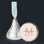 Chic Gold Monogram Names Wedding Date Pastel Pink Hershey®'s Kisses®<br><div class="desc">Chic, elegant Hershey kisses candy wedding favors with your names and year established in black elegant handwritten script calligraphy on a pastel pink background with a gold monogram. Simply add your names, monogram and year established beneath. Stylish design and perfect luxury candy favor gift for the newlywed couple. If you...</div>