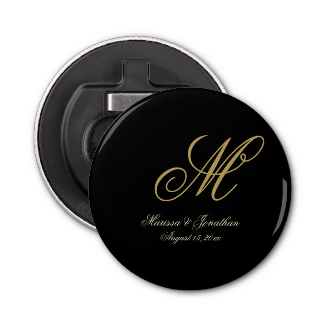 Chic Gold Monogram Script Black Wedding Bottle Opener (Front)