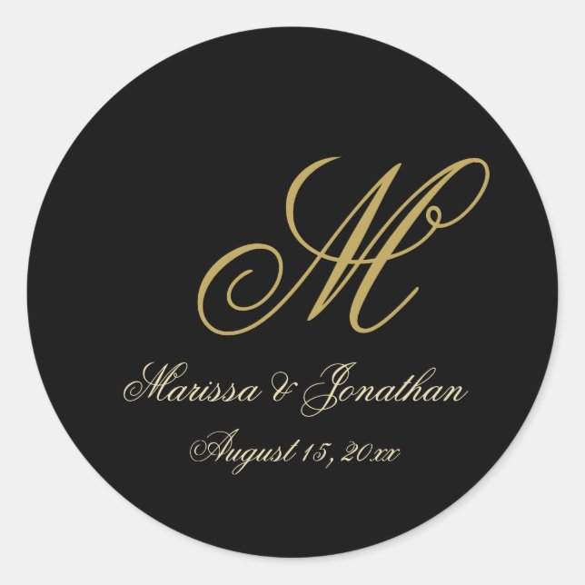 Chic Gold Monogram Script Black Wedding Classic Round Sticker (Front)