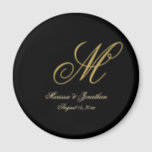 Chic Gold Monogram Script Black Wedding Magnet<br><div class="desc">These elegant black custom monogram wedding magnet will add class to your favor gifts. The chic design template features the groom's last name monogram initial along with the bride's and groom's first names and wedding date in faux gold to personalize. Please check out our I Love Weddingz shop to find...</div>