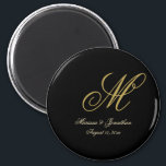 Chic Gold Monogram Script Black Wedding Magnet<br><div class="desc">These elegant black custom monogram wedding magnet will add class to your favor gifts. The chic design template features the groom's last name monogram initial along with the bride's and groom's first names and wedding date in faux gold to personalize. Please check out our I Love Weddingz shop to find...</div>