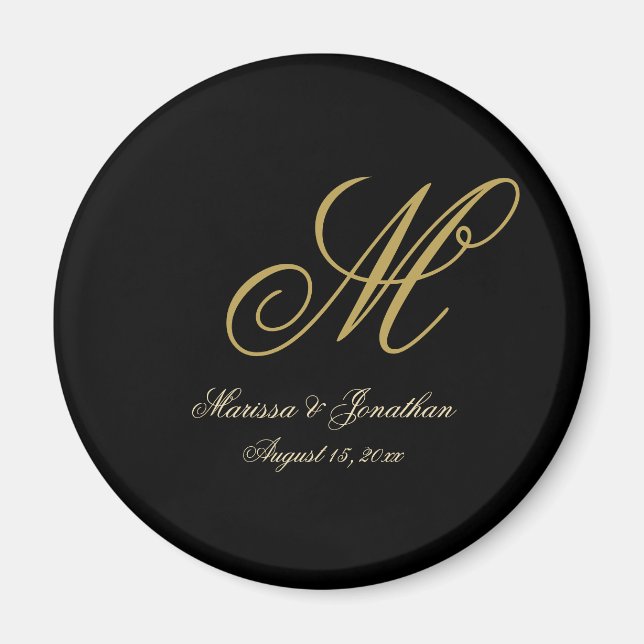 Chic Gold Monogram Script Black Wedding Magnet (Front)
