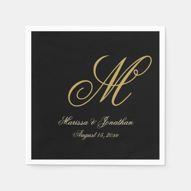 Chic Gold Monogram Script Black Wedding Napkins (Front)