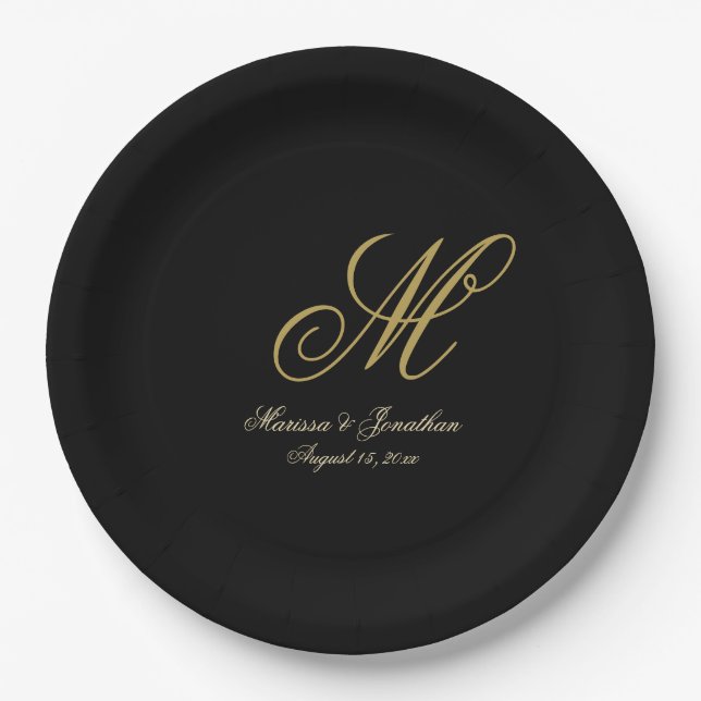 Chic Gold Monogram Script Black Wedding Paper Plates (Front)
