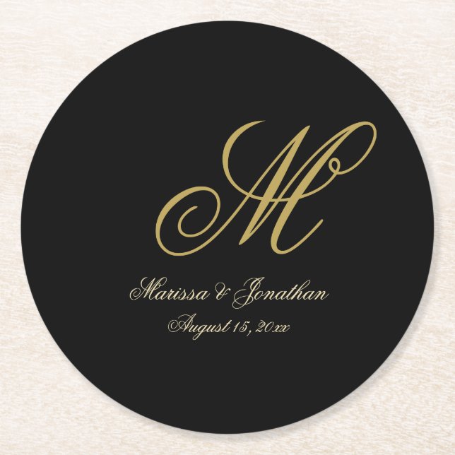Chic Gold Monogram Script Black Wedding Round Paper Coaster (Front)