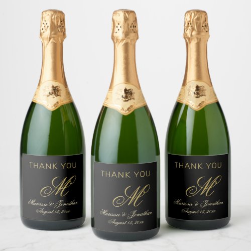 Chic Gold Monogram Script Black Wedding Sparkling Wine Label