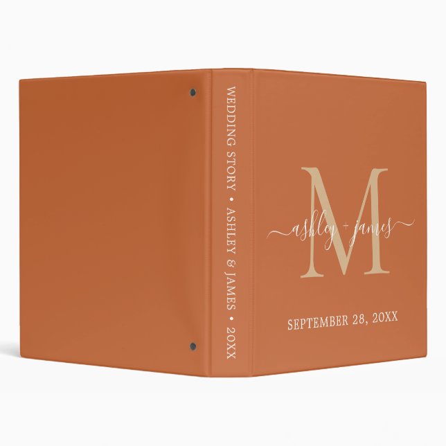 Chic Gold Monogram Script Burnt Orange Wedding 3 Ring Binder (Background)