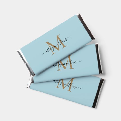 Chic Gold Monogram Script Name Pastel Blue Hershey Bar Favors