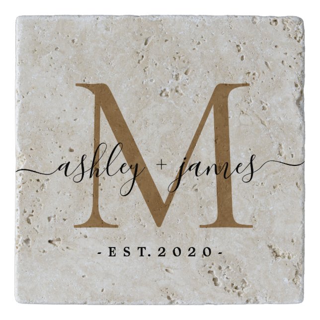  Chic Gold Monogram Script Name Wedding Date Trivet (Front)