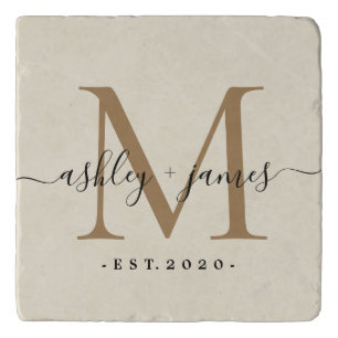 Chic Gold Monogram Script Name Wedding Date White Trivet