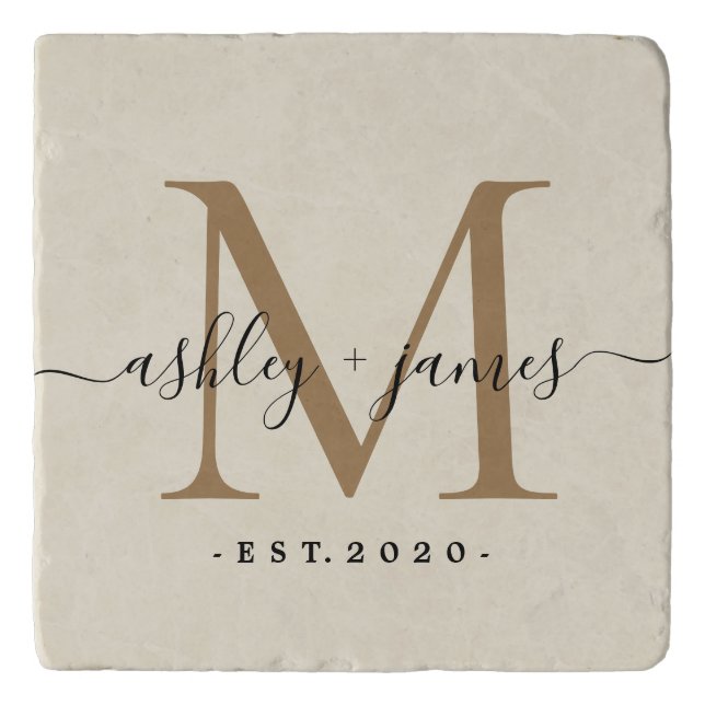  Chic Gold Monogram Script Name Wedding Date White Trivet (Front)