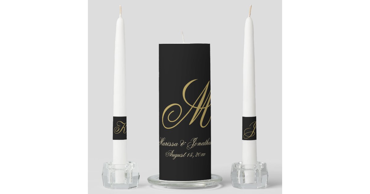 Chic Gold Monogram Script Names Black Wedding Unity Candle Set Zazzle