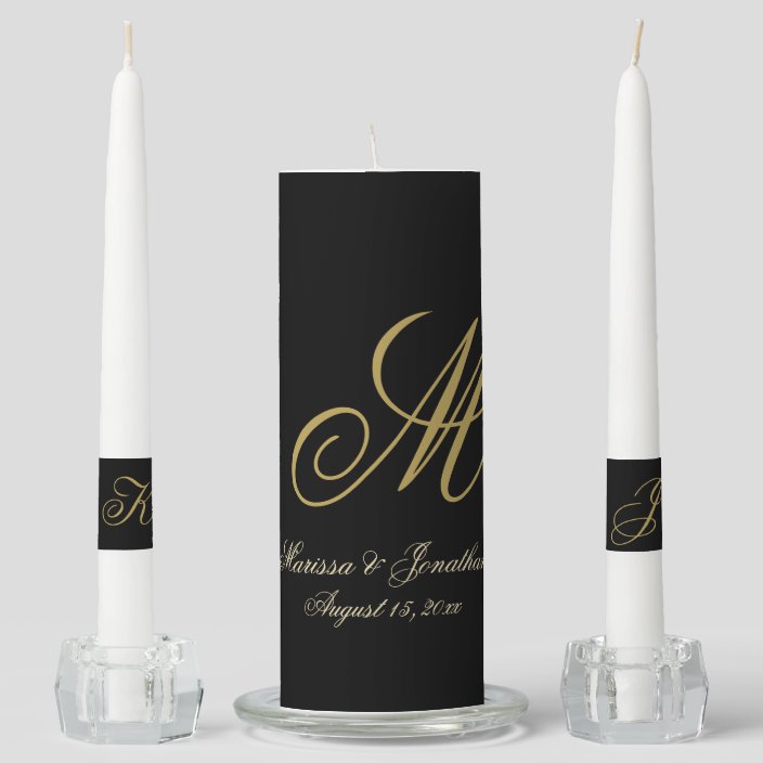 Chic Gold Monogram Script Names Black Wedding Unity Candle Set