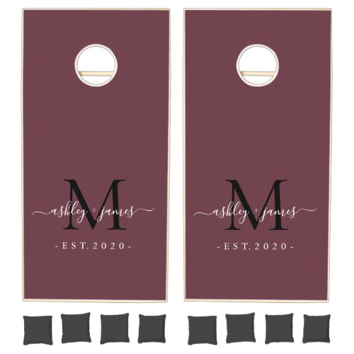 Chic Gold Monogram Script Names Newlywed Burgundy Cornhole Set