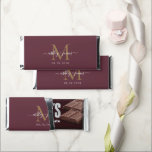 Chic Gold Monogram Script Names Wedding Burgundy Hershey Bar Favors<br><div class="desc">Chic monogram Hershey bar wedding favors features your names and wedding date in white elegant handwritten script calligraphy on a burgundy background with a stylish gold monogram. Simply add your names, monogram and wedding date to the front and your personalized wedding guest thank you message to the back. Stylish design...</div>