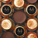 Chic Gold Monogram Script Names Wedding Date Black Reese's Peanut Butter Cups<br><div class="desc">Chic, elegant Hershey kisses candy wedding favors with your names and year established in white elegant handwritten script calligraphy on a black background with a gold monogram. Simply add your names, monogram and year established beneath. Stylish design and perfect luxury candy favor gift for the newlywed couple. If you need...</div>