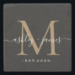 Chic Gold Monogram Script Names Wedding Date Black Stone Coaster<br><div class="desc">Chic, modern black monogrammed stone coaster with your names and year established in white elegant hand lettered script calligraphy with a gold monogram on a black background. Simply add your names, monogram and year established beneath. Stylish design and perfect luxury gift for the newlywed couple. If you need any help...</div>