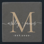 Chic Gold Monogram Script Names Wedding Date Black Stone Coaster<br><div class="desc">Chic, modern black monogrammed stone coaster with your names and year established in white elegant hand lettered script calligraphy with a gold monogram on a black background. Simply add your names, monogram and year established beneath. Stylish design and perfect luxury gift for the newlywed couple. If you need any help...</div>