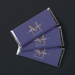Chic Gold Monogram Script Names Wedding Date Blue Hershey Bar Favors<br><div class="desc">Chic monogram Hershey bar wedding favors features your names and wedding date in white elegant handwritten script calligraphy on a navy blue background with a stylish gold monogram. Simply add your names, monogram and wedding date to the front and your personalized wedding guest thank you message to the back. Stylish...</div>