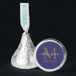 Chic Gold Monogram Script Names Wedding Date Blue Hershey®'s Kisses®<br><div class="desc">Chic, elegant Hershey kisses candy wedding favors with your names and year established in white elegant handwritten script calligraphy on a navy blue background with a gold monogram. Simply add your names, monogram and year established beneath. Stylish design and perfect luxury candy favor gift for the newlywed couple. If you...</div>