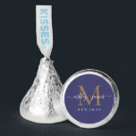 Chic Gold Monogram Script Names Wedding Date Blue Hershey®'s Kisses®<br><div class="desc">Chic, elegant Hershey kisses candy wedding favors with your names and year established in white elegant handwritten script calligraphy on a navy blue background with a gold monogram. Simply add your names, monogram and year established beneath. Stylish design and perfect luxury candy favor gift for the newlywed couple. If you...</div>