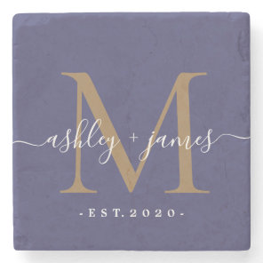 Chic Gold Monogram Script Names Wedding Date Blue Stone Coaster