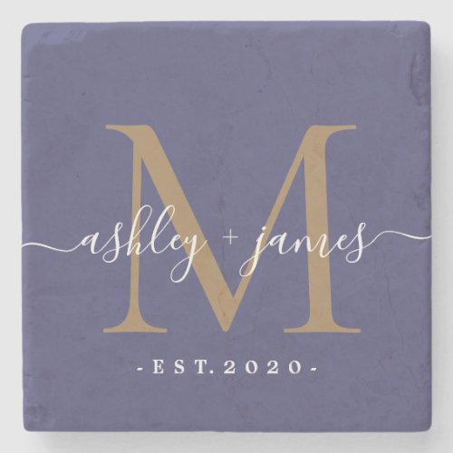 Chic Gold Monogram Script Names Wedding Date Blue Stone Coaster
