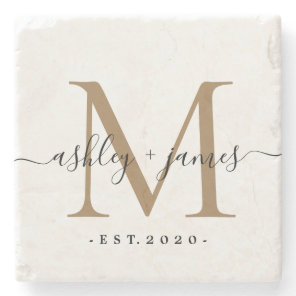 Chic Gold Monogram Script Names Wedding Date Stone Coaster