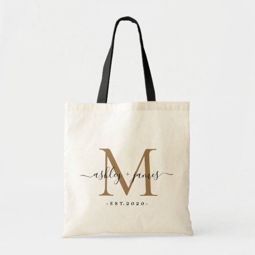 Chic Gold Monogram Script Names Wedding Date Tote Bag