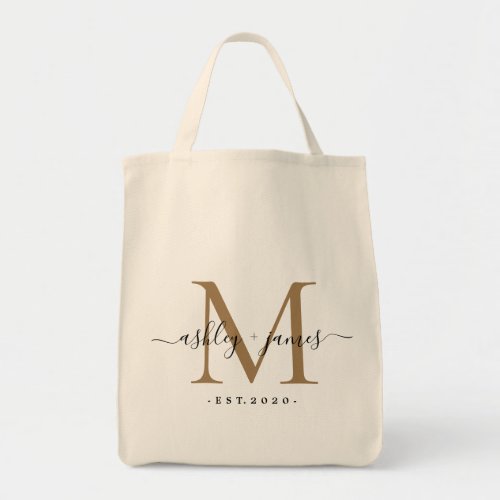 Chic Gold Monogram Script Names Wedding Date Tote Bag