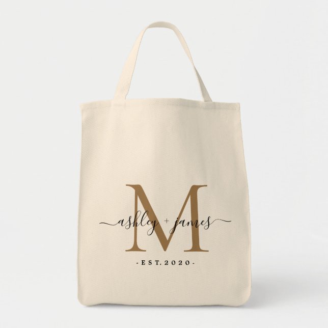 Chic Gold Monogram Script Names Wedding Date Tote Bag (Front)