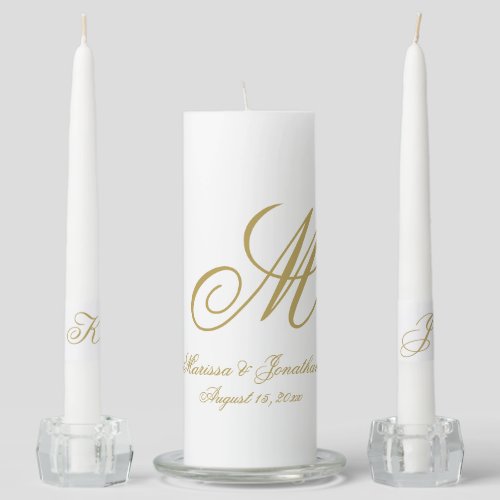 Chic Gold Monogram Script Names White Wedding Unity Candle Set