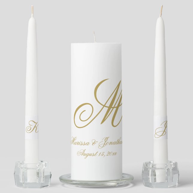 Chic Gold Monogram Script Names White Wedding Unity Candle Set (Front)