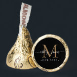 Chic Gold Monogram Script Names Year Est Black Hershey®'s Kisses®<br><div class="desc">Chic, elegant Hershey kisses candy wedding favors with your names and year established in white elegant handwritten script calligraphy on a black background with a gold monogram. Simply add your names, monogram and year established beneath. Stylish design and perfect luxury candy favor gift for the newlywed couple. If you need...</div>