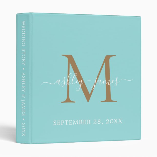 Chic Gold Monogram Script Turquoise Blue Wedding 3 Ring Binder (Front/Spine)