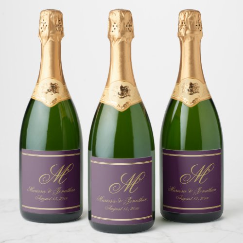 Chic Gold Monogram Script Typography Plum Wedding Sparkling Wine Label