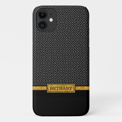 Chic Gold Name and Black Greek Key Pattern iPhone 11 Case